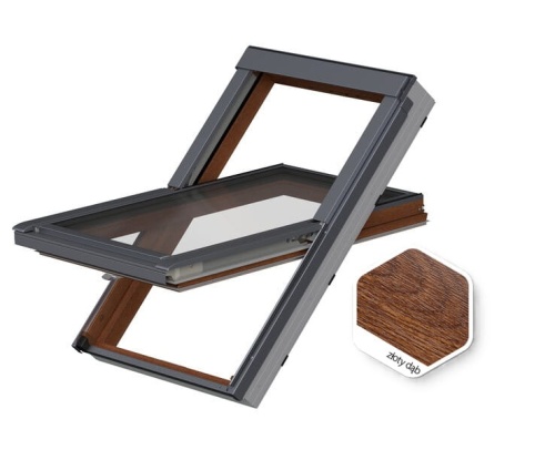 Okno FAKRO PTP-V U41 GGMX RAL7022 GREENVIEW - okno PVC w okleinie złoty dąb